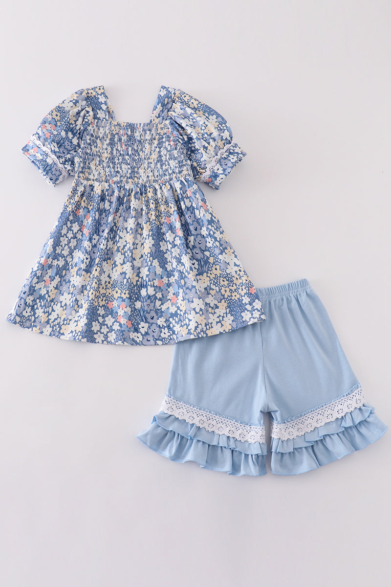 Blue Delicate Floral Girl Set