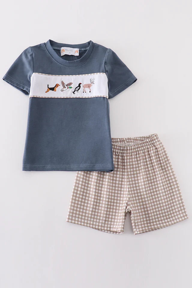 Navy Hunting Embroidery Boy Set