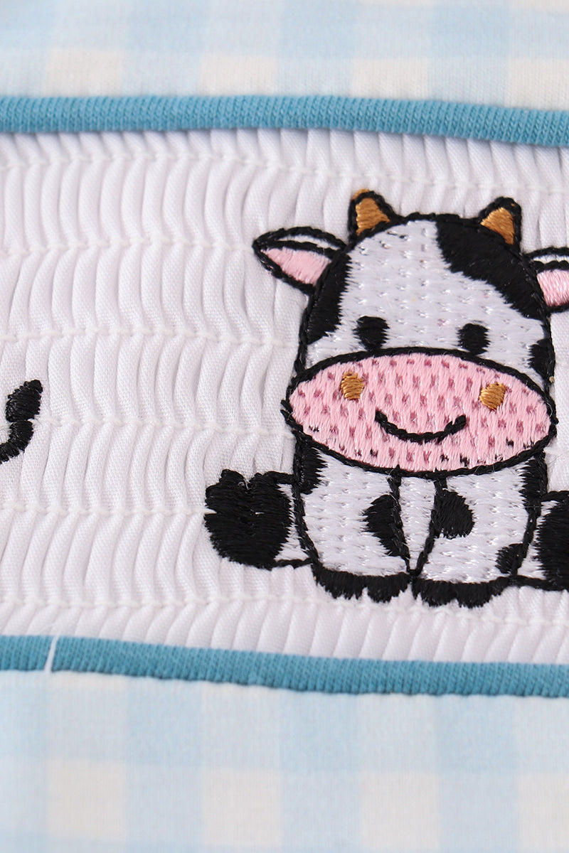 Blue Cow Embroidered Smocked Boy Bubble