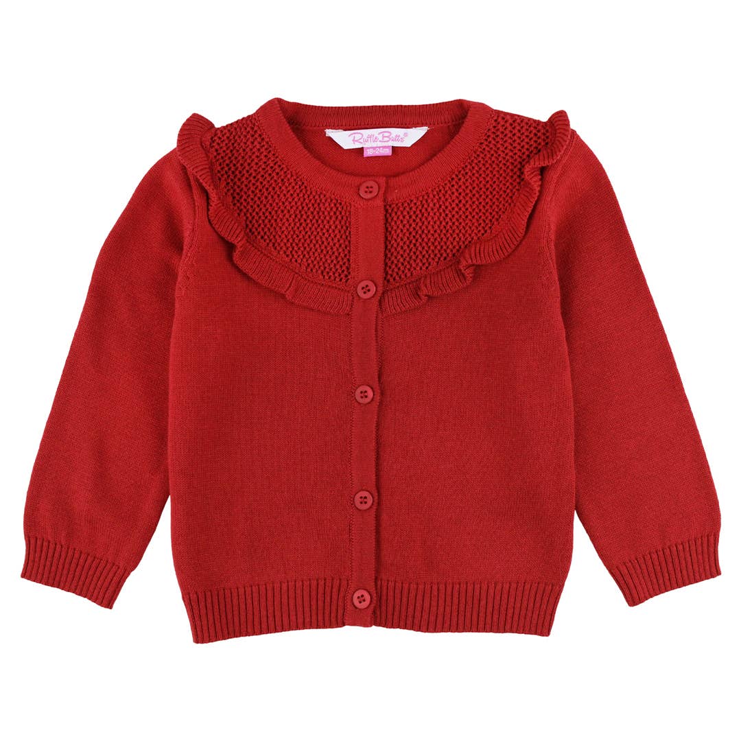 Girls Red Sweater Knit Ruffle Trim Cardigan