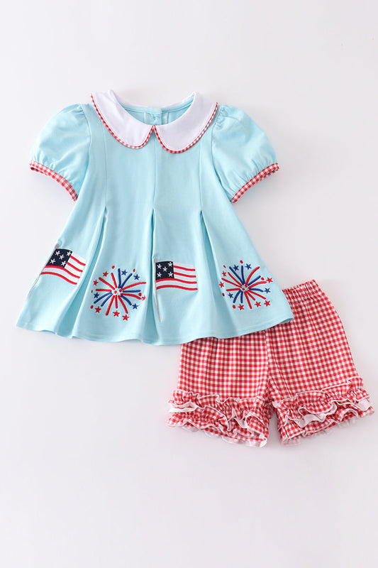 Mint Patriotic Flag Embroidery Girl Set