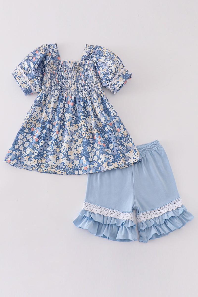Blue Delicate Floral Girl Set