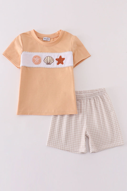 Khaki Shells & Starfish French Knot Boy Set