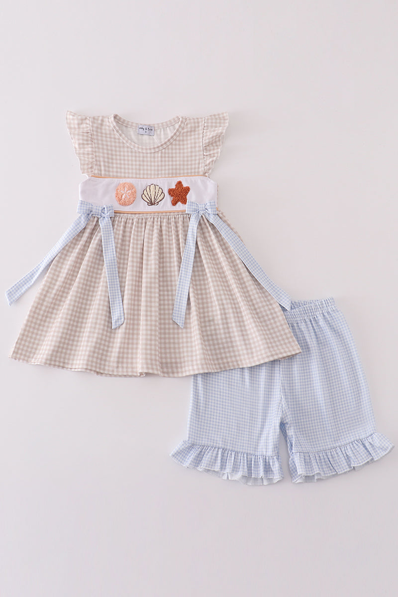 Khaki Shells & Starfish French Knot Girl Set