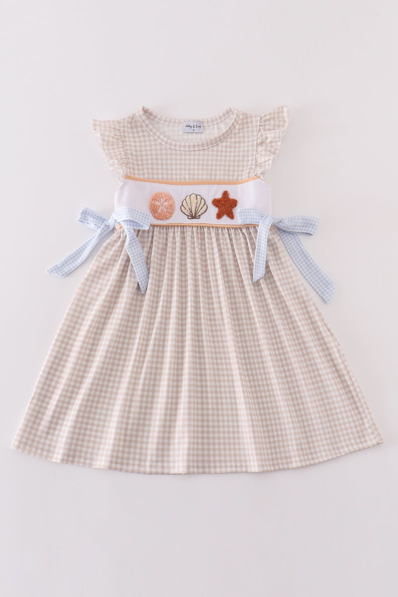 Khaki Shells & Starfish French Knot Girl Dress