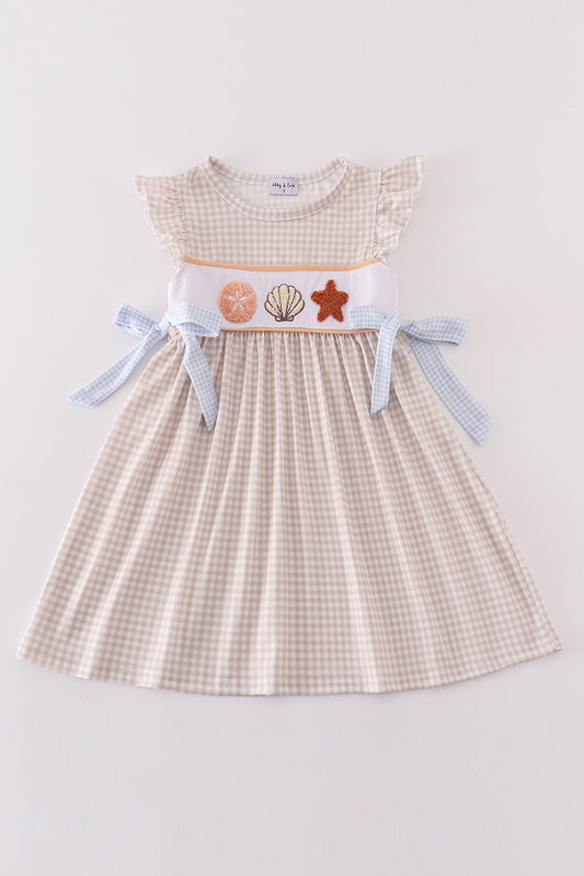 Khaki Shells & Starfish French Knot Girl Dress