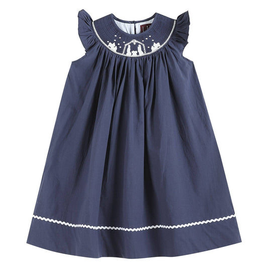 Navy Nativity SS Smocked Christmas Dress