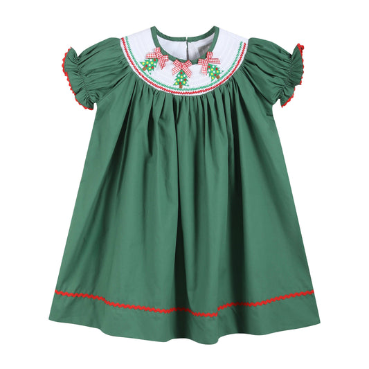 Green Christmas Tree SS Smocked Dress