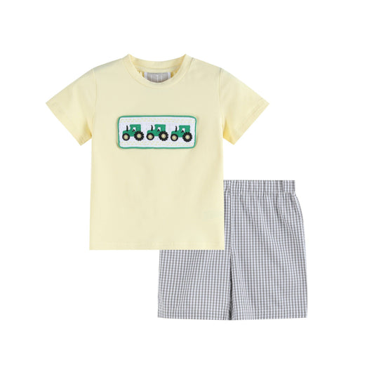 Green Tractor Smocked T-Shirt & Gingham Shorts Set