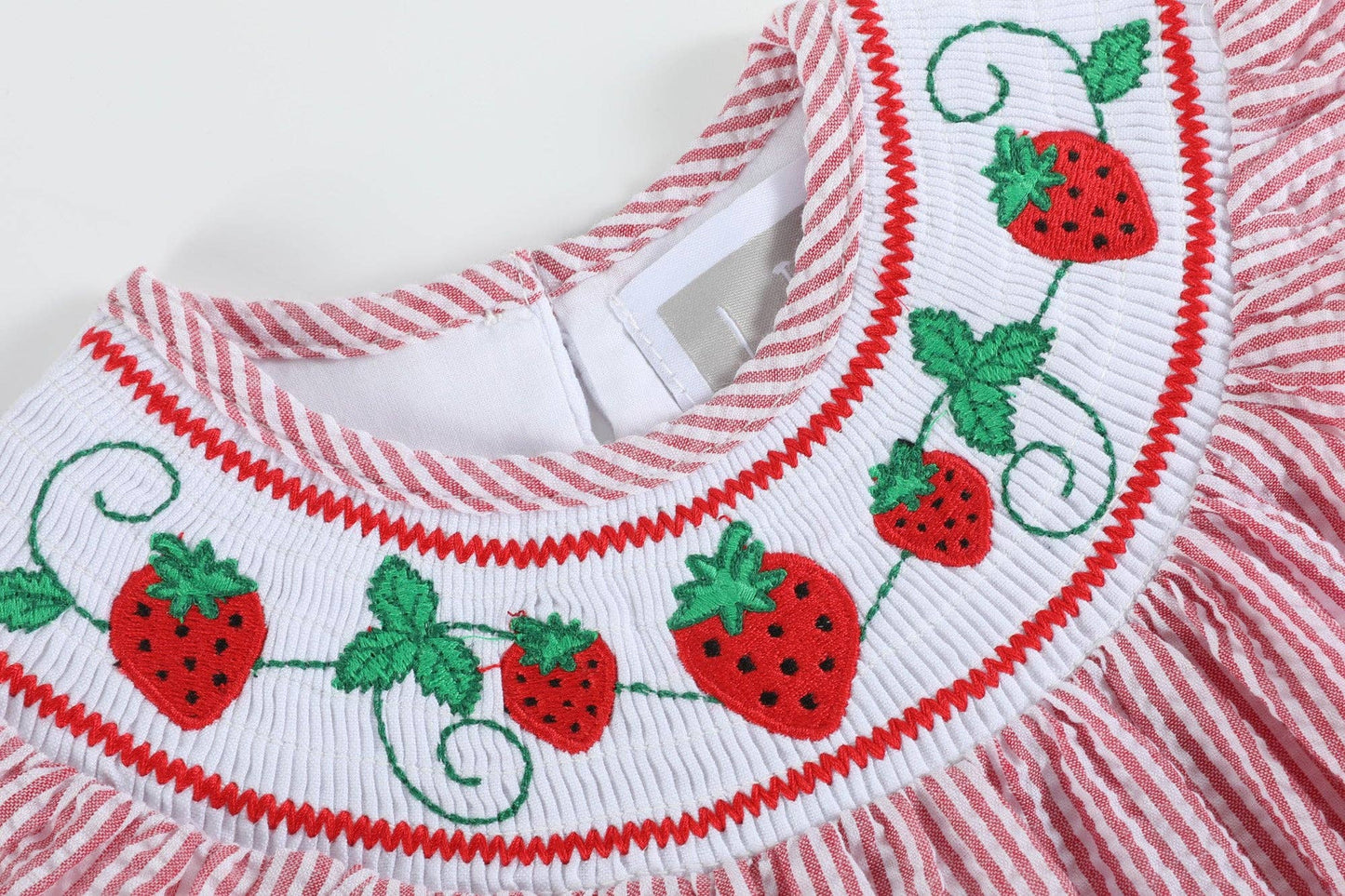 Red Seersucker Strawberry Smocked Romper