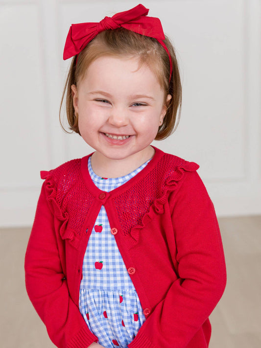 Girls Red Sweater Knit Ruffle Trim Cardigan