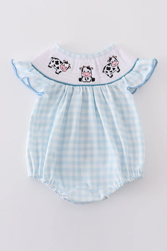 Blue Cow Embroidery Smocked Girl Bubble