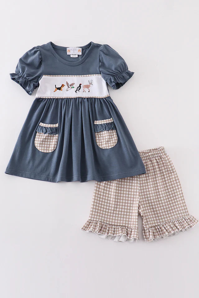 Navy Hunting Embroidery Girl Set