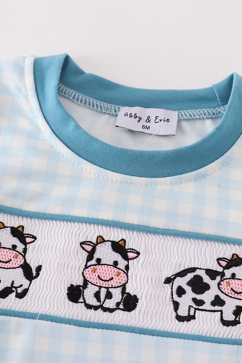 Blue Cow Embroidered Smocked Boy Bubble