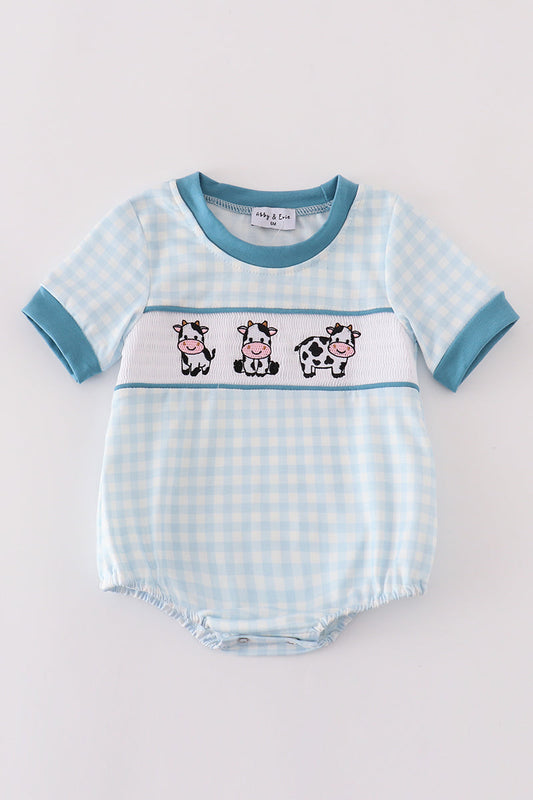 Blue Cow Embroidered Smocked Boy Bubble