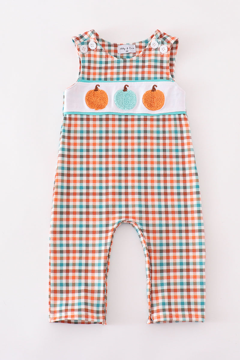Pumpkin Gingham French Knot Boy Romper