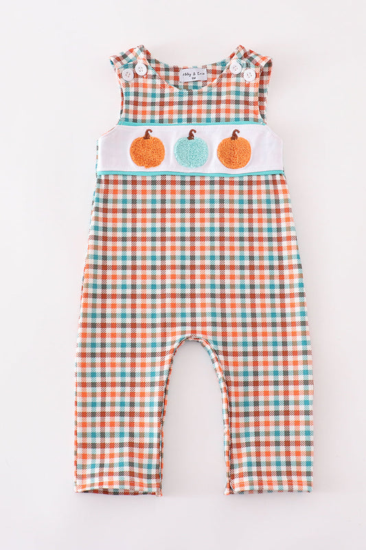 Pumpkin Gingham French Knot Boy Romper
