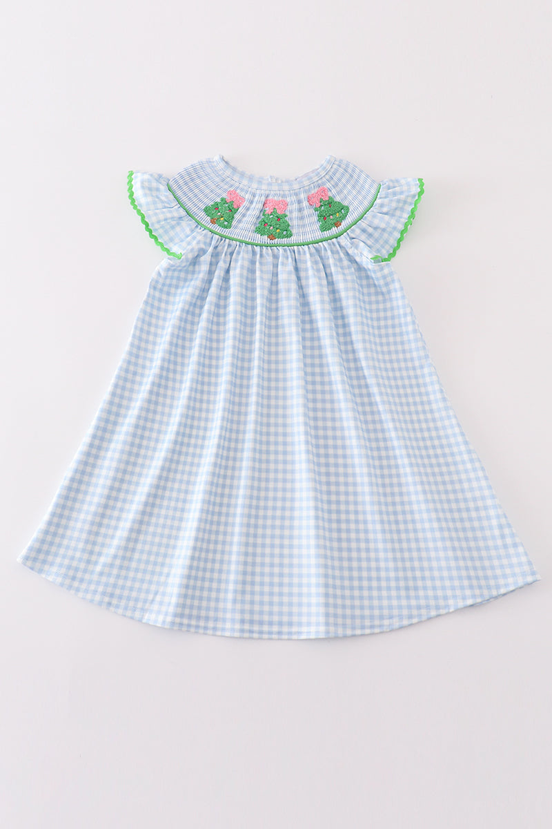 Blue Christmas Tree French Knot Smocked Dress