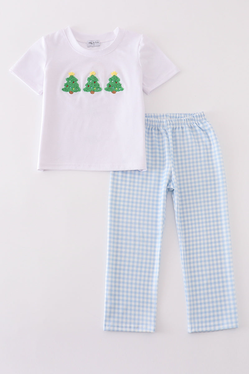 Blue Christmas Tree French Knot Smocked Boy Set