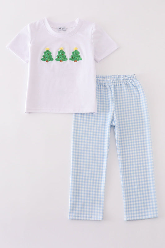Blue Christmas Tree French Knot Smocked Boy Set