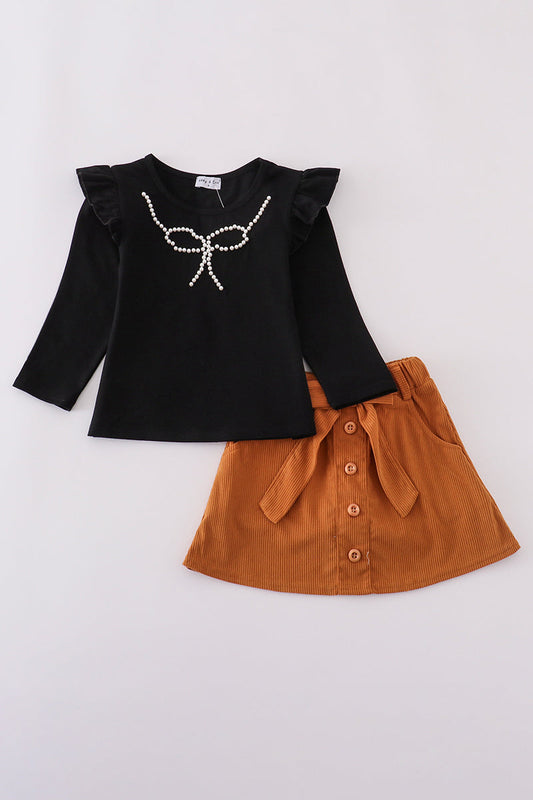 Pearl Bow Top and Corduroy Skirt Set