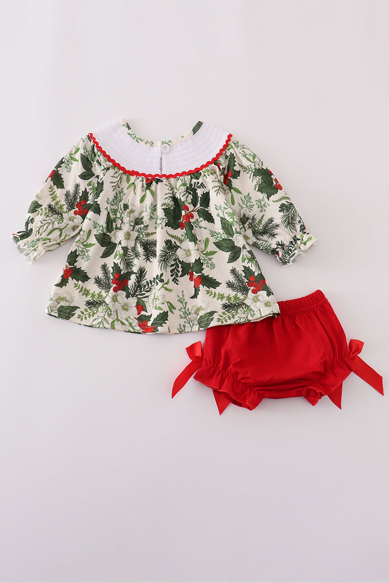 Green Holly Floral Smocked Bloomer Set