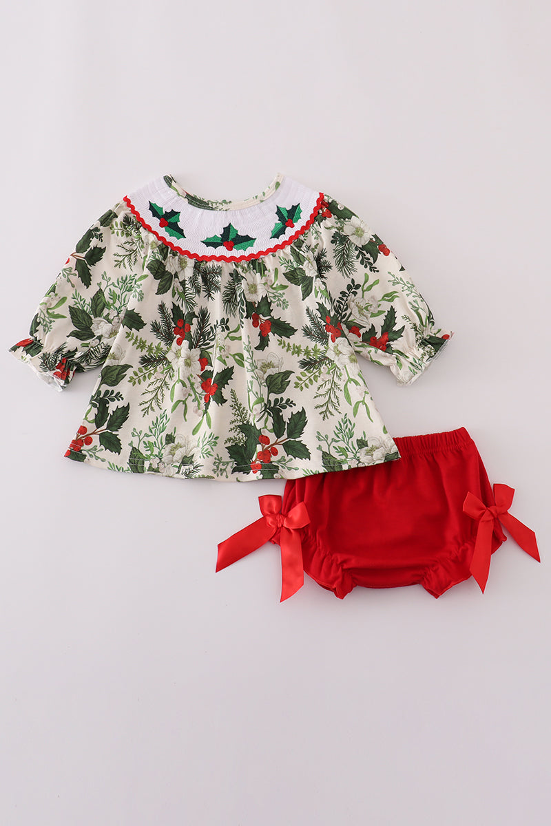 Green Holly Floral Smocked Bloomer Set