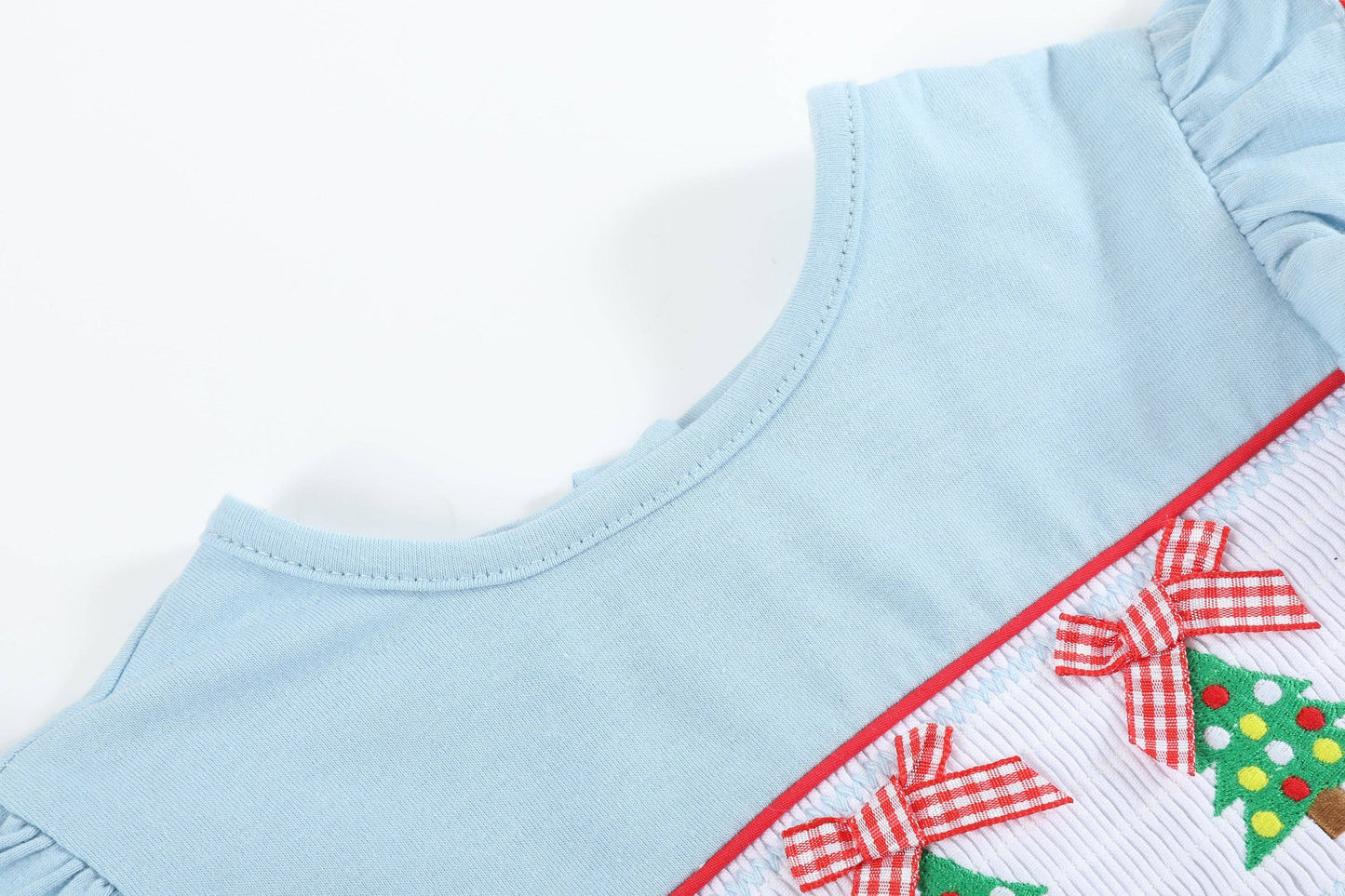Light Blue Christmas Smocked Ruffle Romper