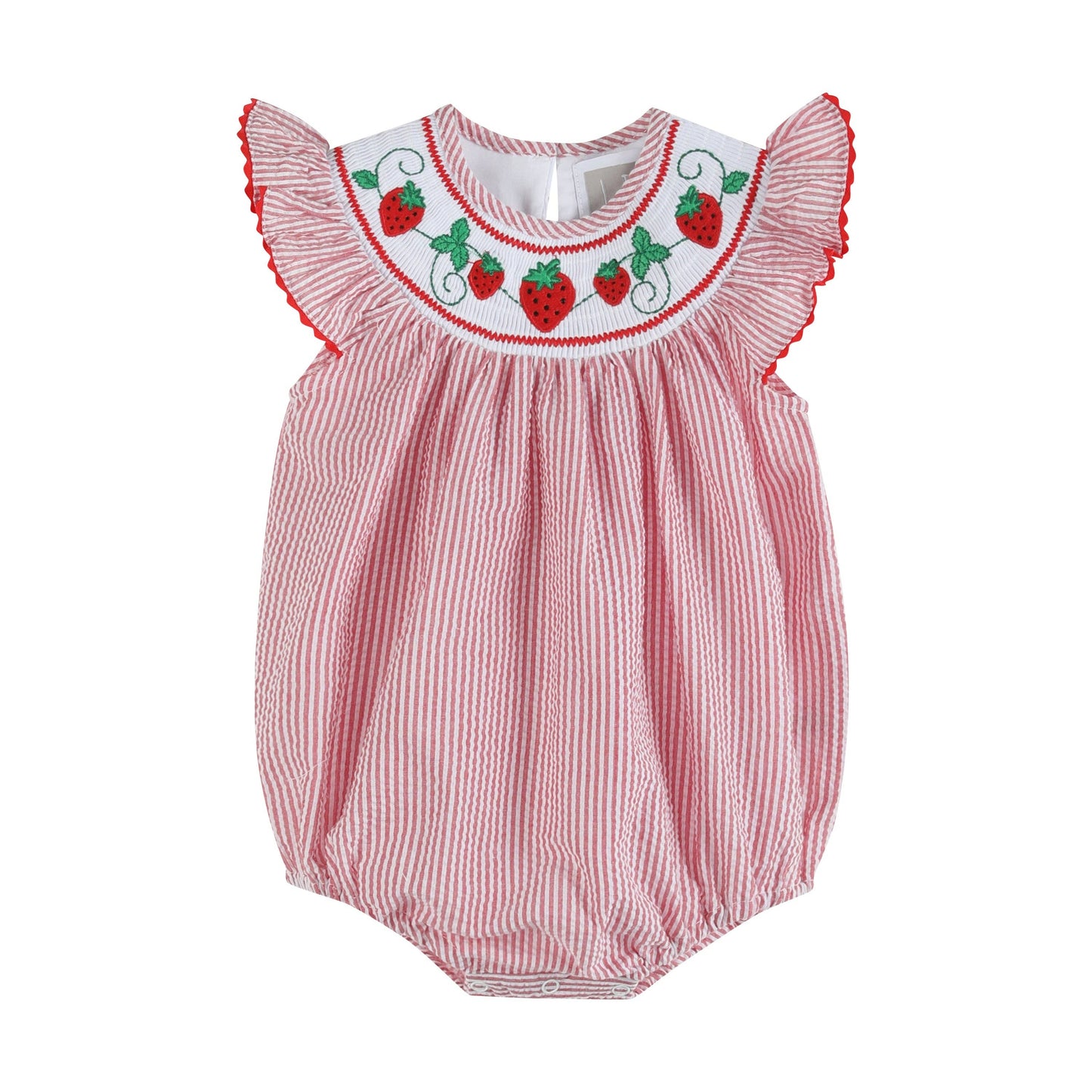 Red Seersucker Strawberry Smocked Romper