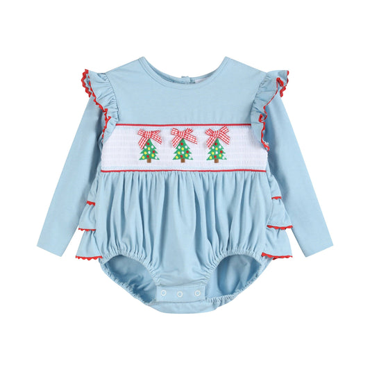 Light Blue Christmas Smocked Ruffle Romper